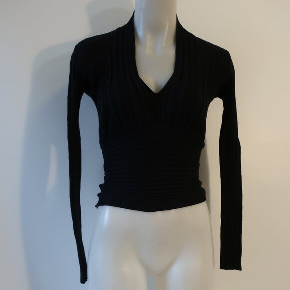Womens T Label Bloomingdales Black Ribbed V-Neck Sweater S - Picture 1 of 9
